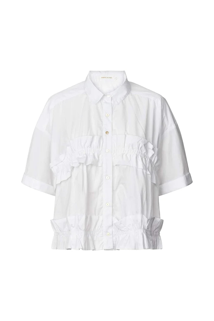 Rabens Saloner Poplin Frill Top Paige White