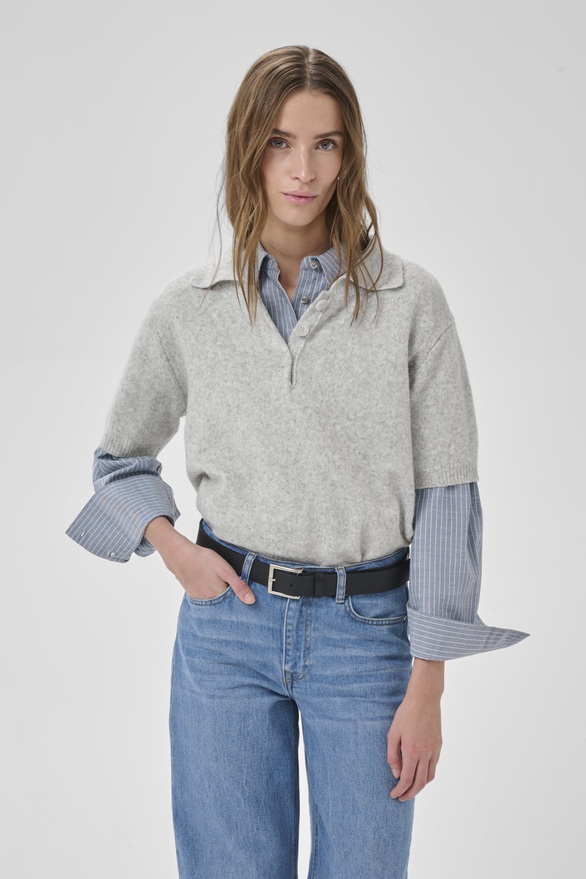 My Essential Wardrobe MWPaloma Fine Knit Polo SS Light Grey Melange