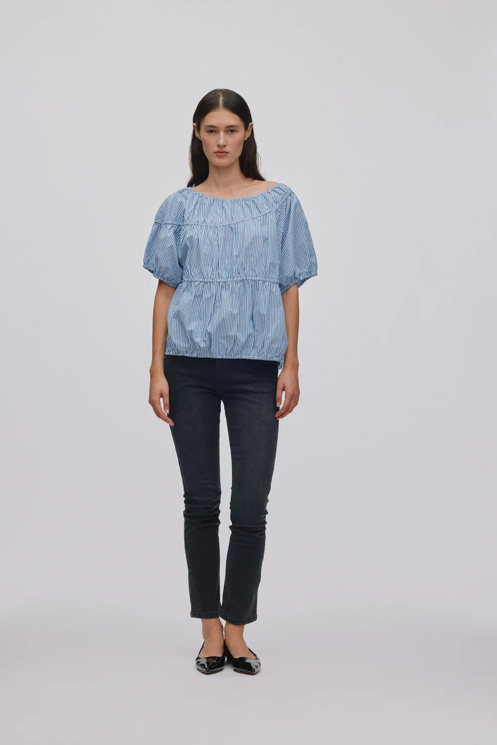 Rabens Saloner Lotte Quilt Stripe Elasticated Top Blue White Stripe