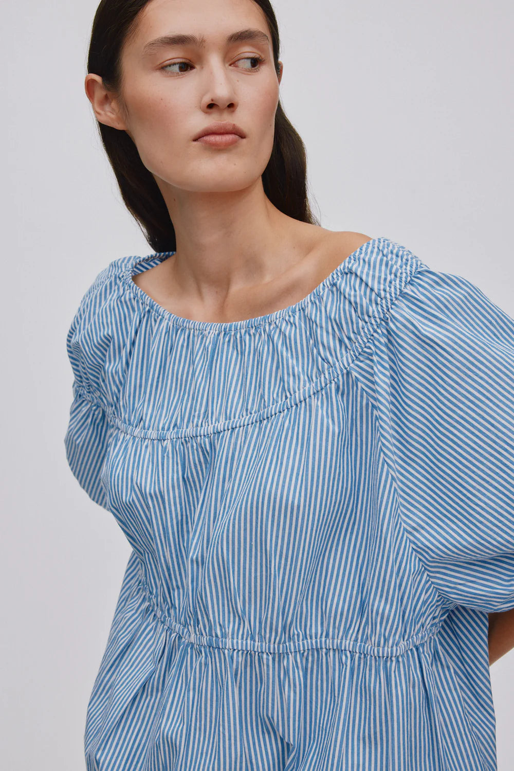 Rabens Saloner Lotte Quilt Stripe Elasticated Top Blue White Stripe
