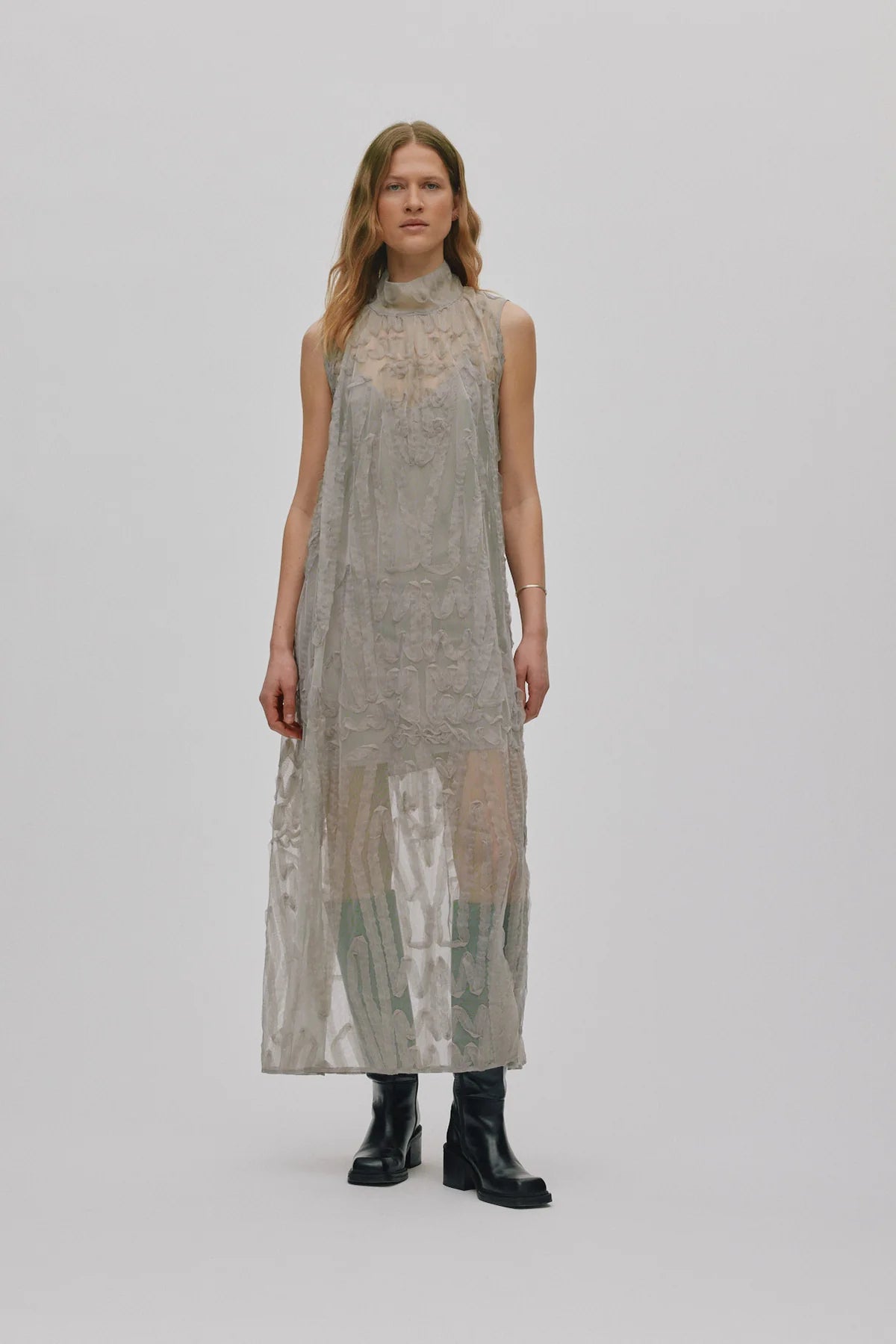 Rabens Saloner Allison Splash Netting Long Dress Silver Grey
