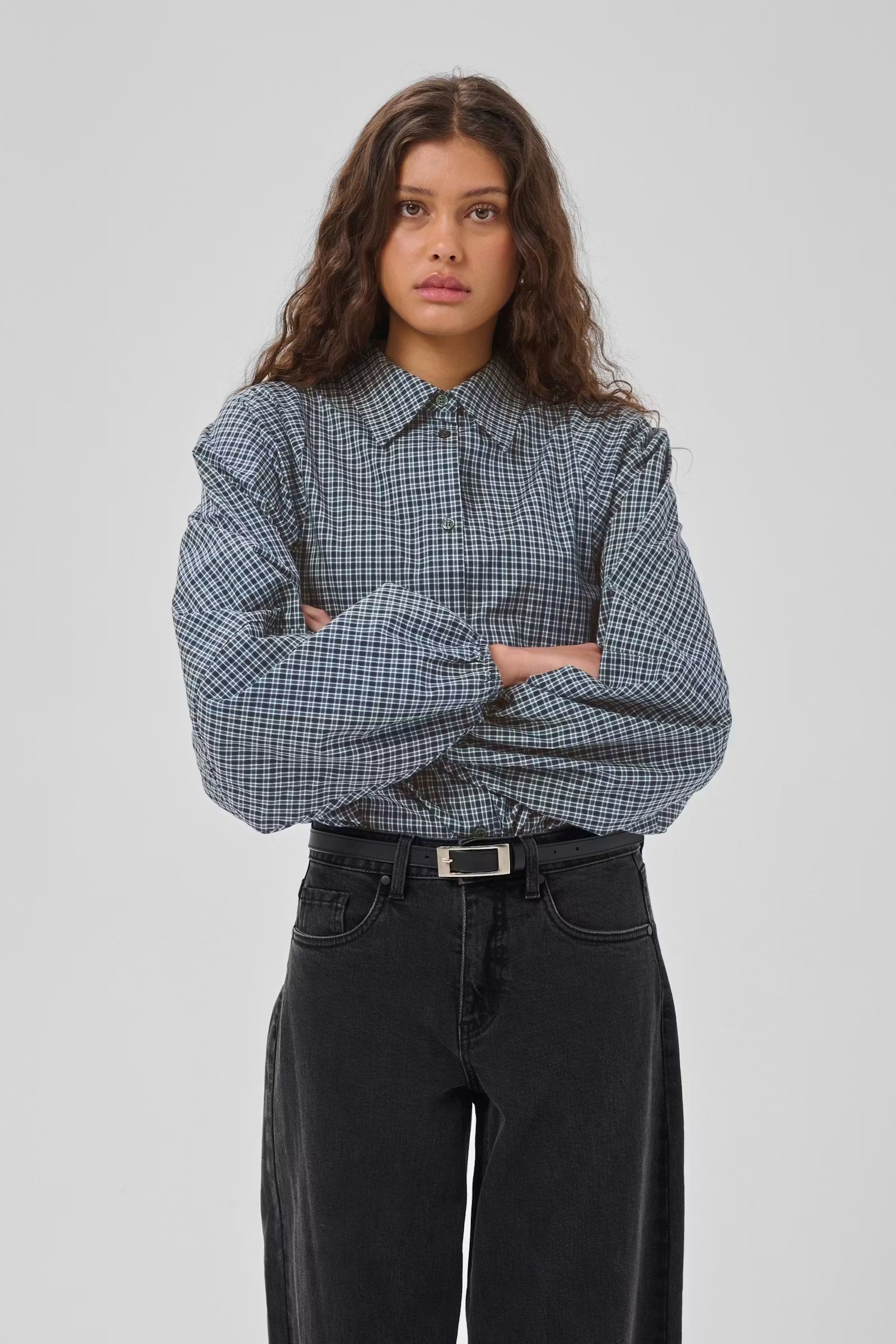 My Essential Wardrobe MWllse Balloon Sleeve Shirt Douglas Green Check