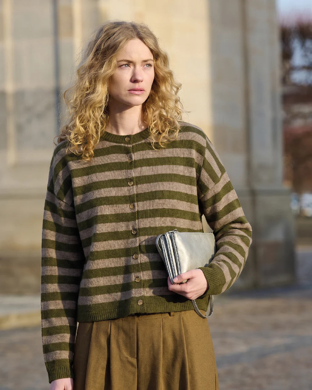 La Rouge Sisse Striped Cardigan Green/Camel Melange