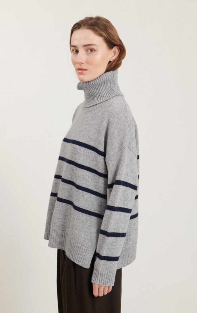 Basic Apparel Lise Striped T-neck Light Grey Mel. / Sky Captain