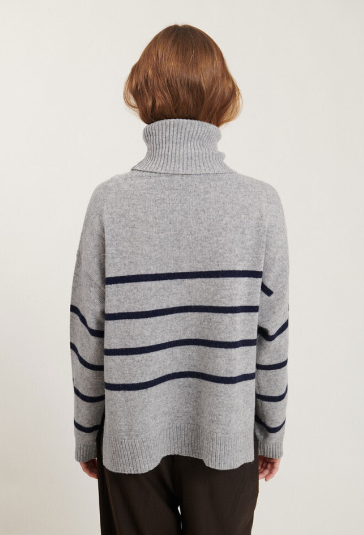 Basic Apparel Lise Striped T-neck Light Grey Mel. / Sky Captain