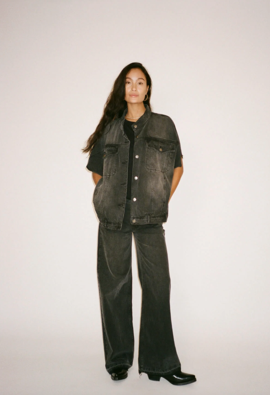 Rabens Saloner Denim Vest Jacket Mir Washed Black Denim