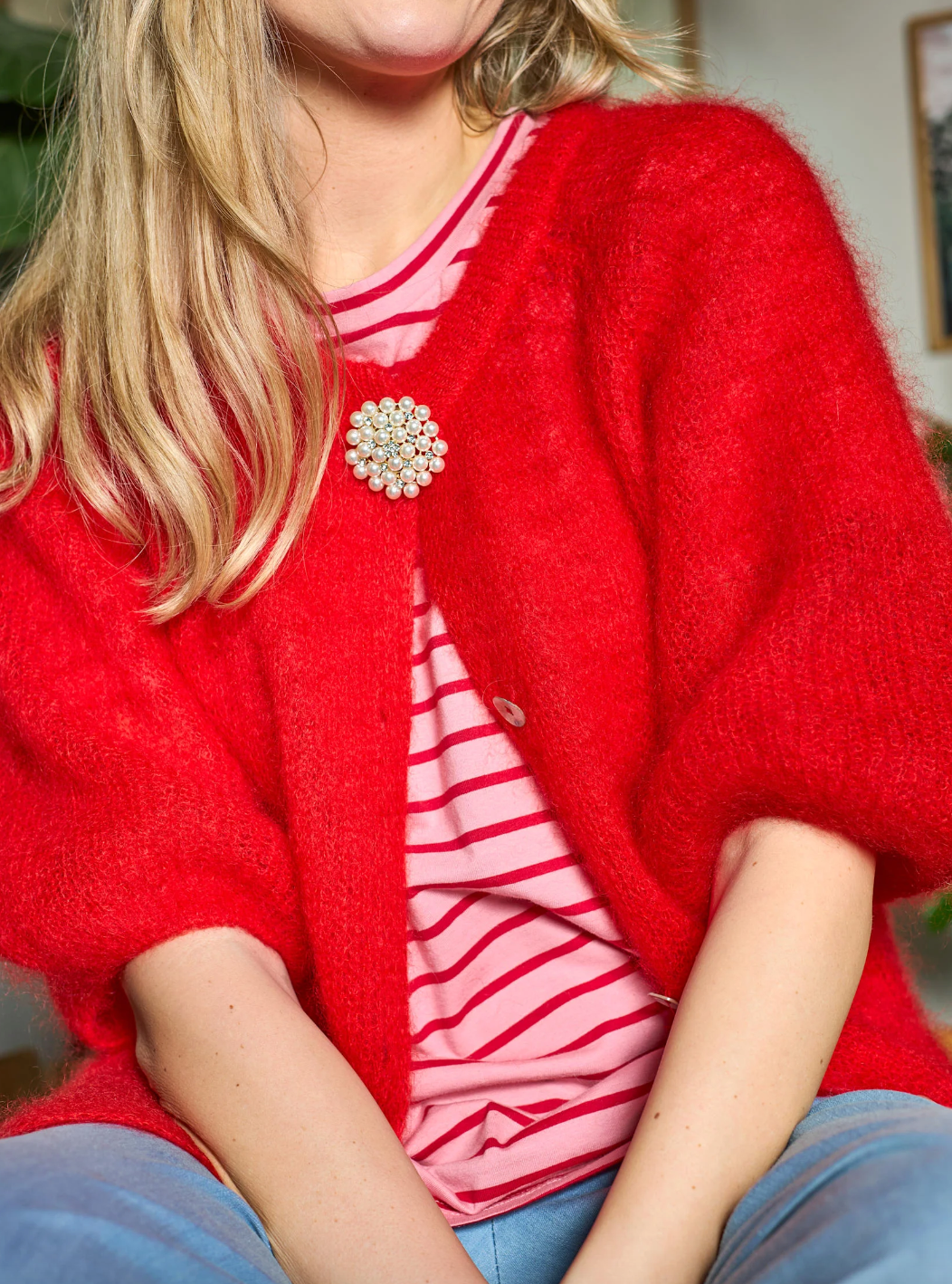 Black Colour BCBjoerk Patent Knit Cardigan Red