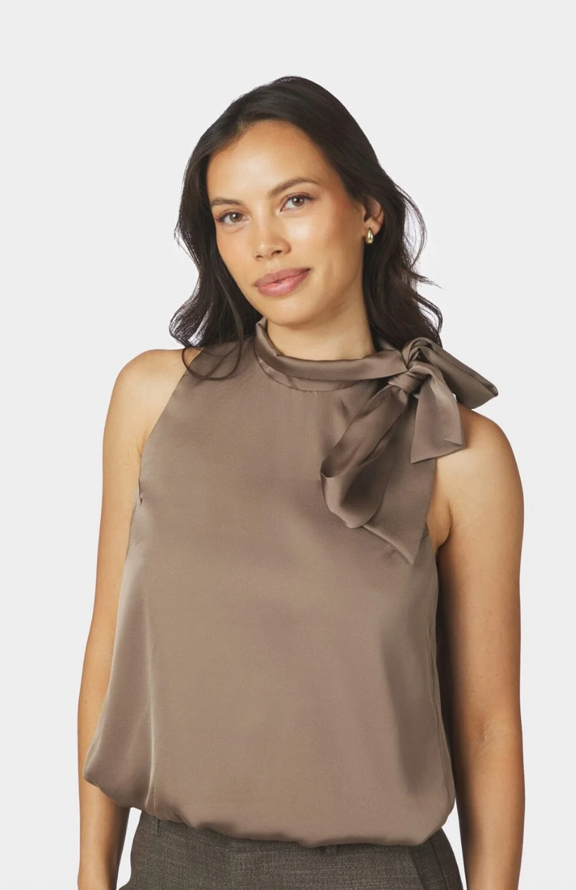 Neo Noir Veda Drapy Satin Top Dark Taupe