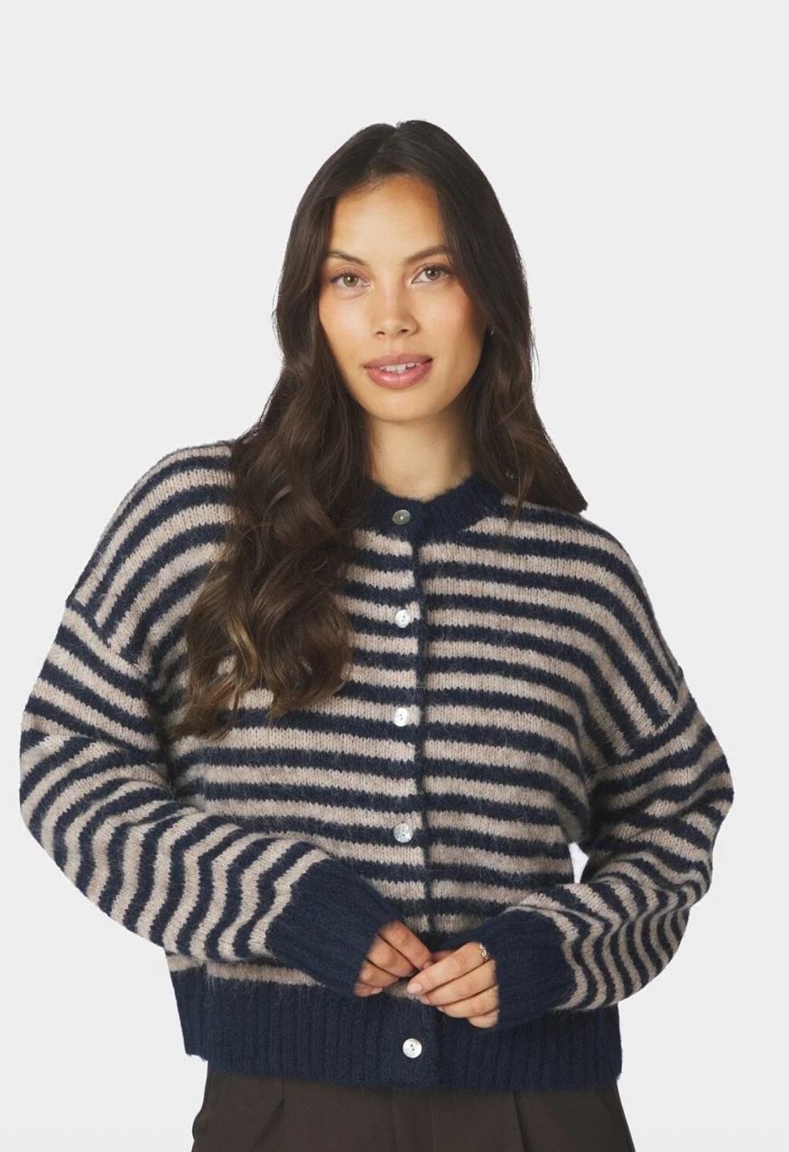 Neo Noir Isana Stripe Fluffy Knit Cardigan Navy Striped