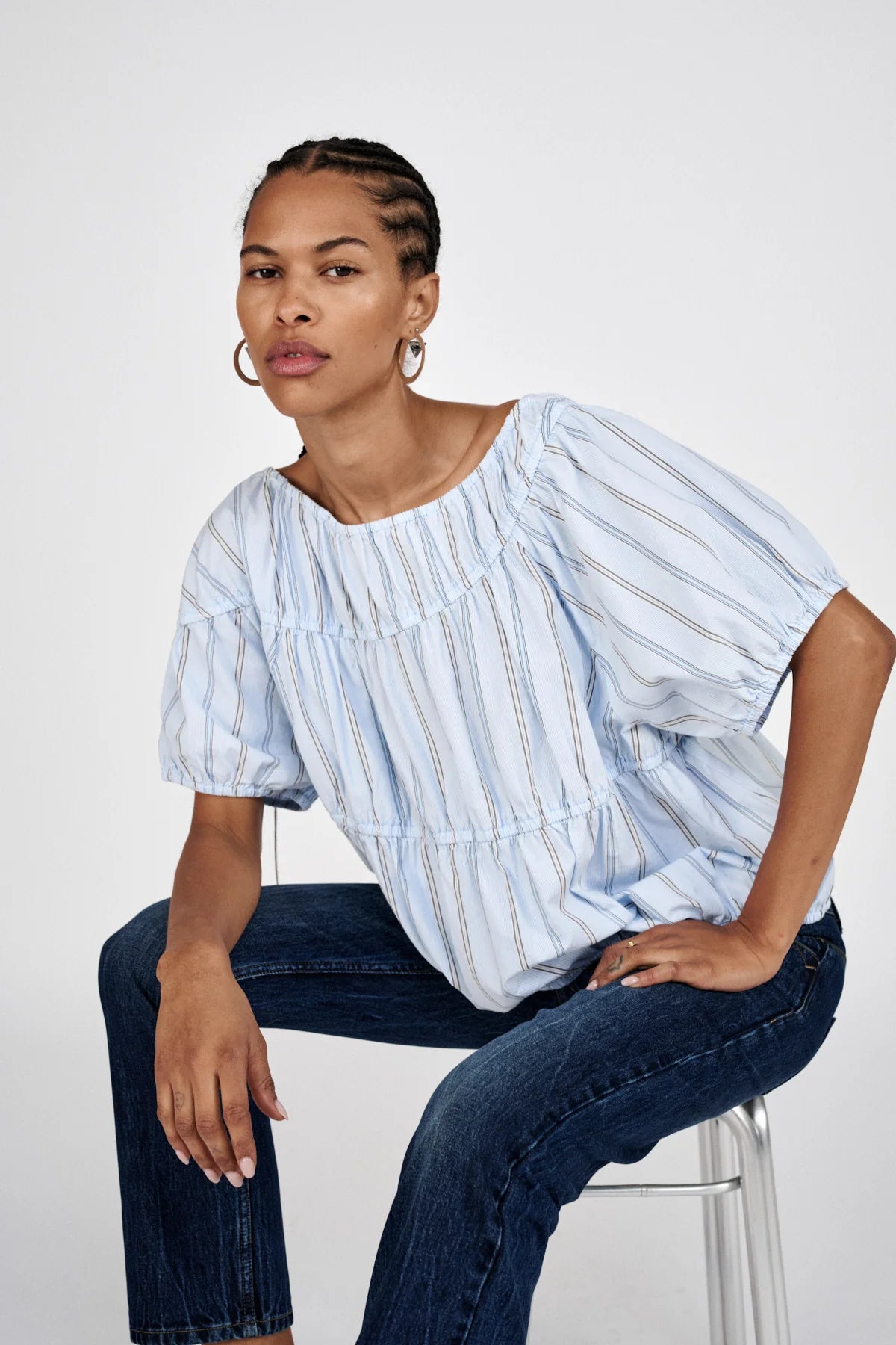 Rabens Saloner Lotte Reverse Stripe Elasticated Top Blue PJ Stripe