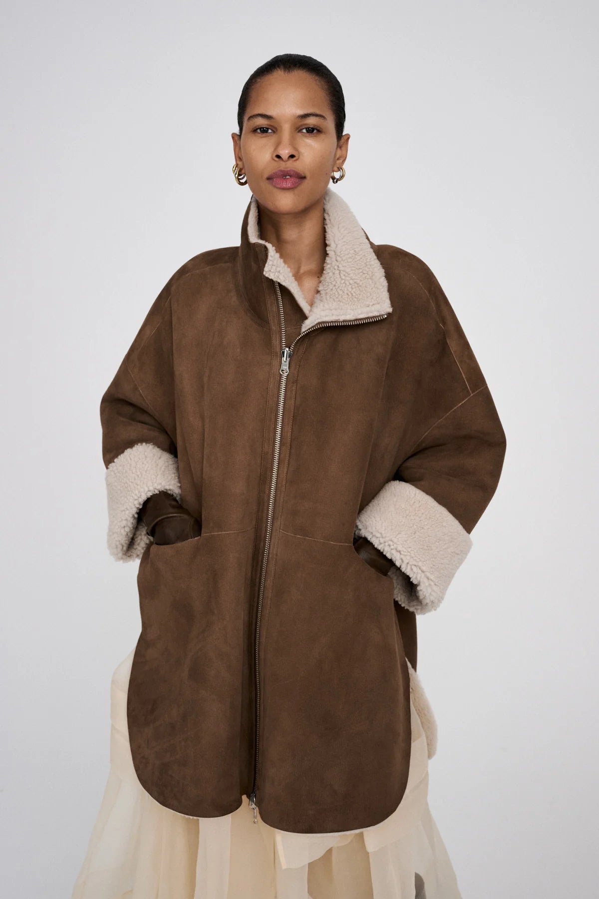 Rabens Saloner Ejsa Sherling Coat Dark Brown Natural Combo