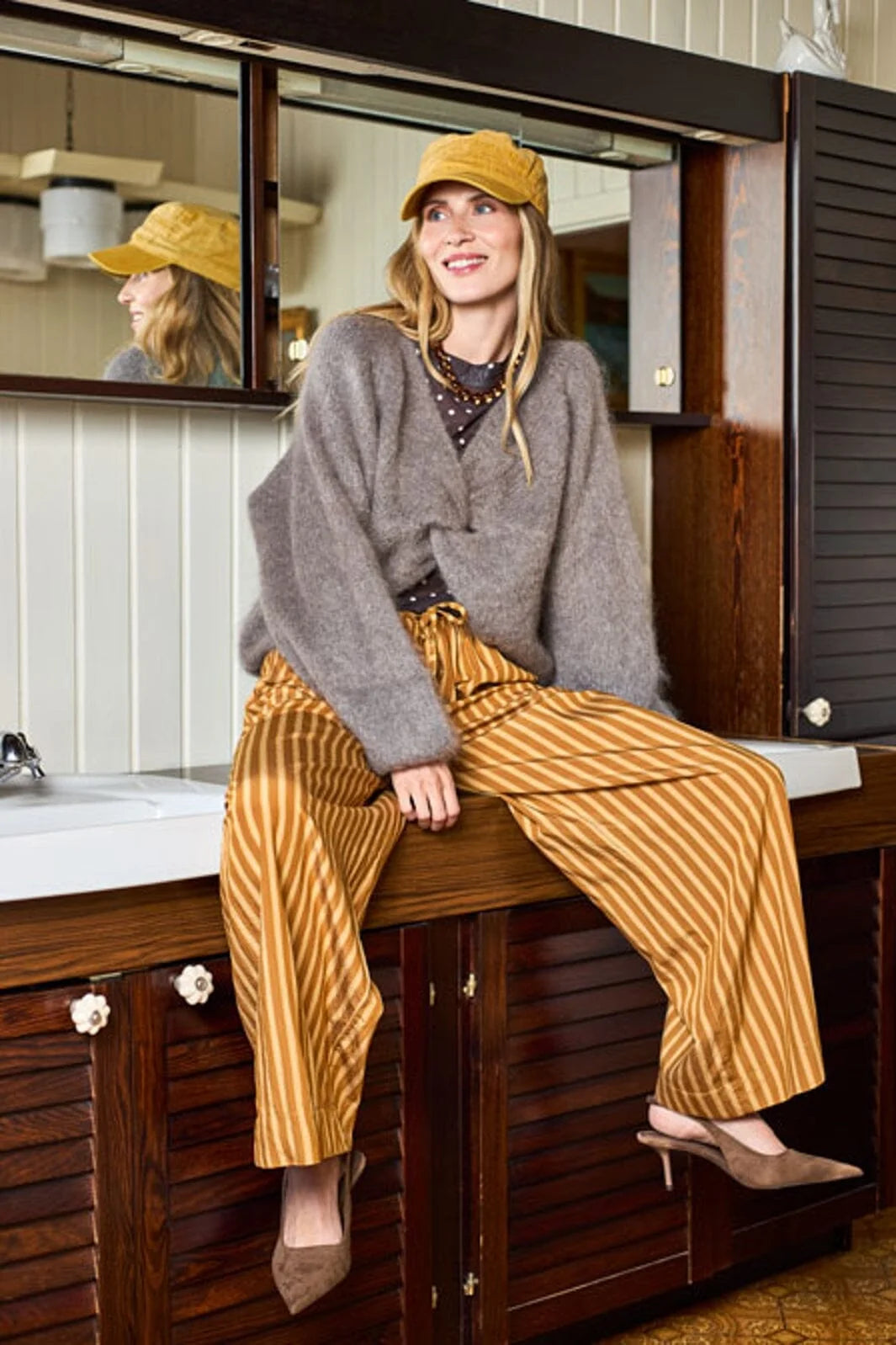 Black Colour BCSienna Striped Pant Mustard
