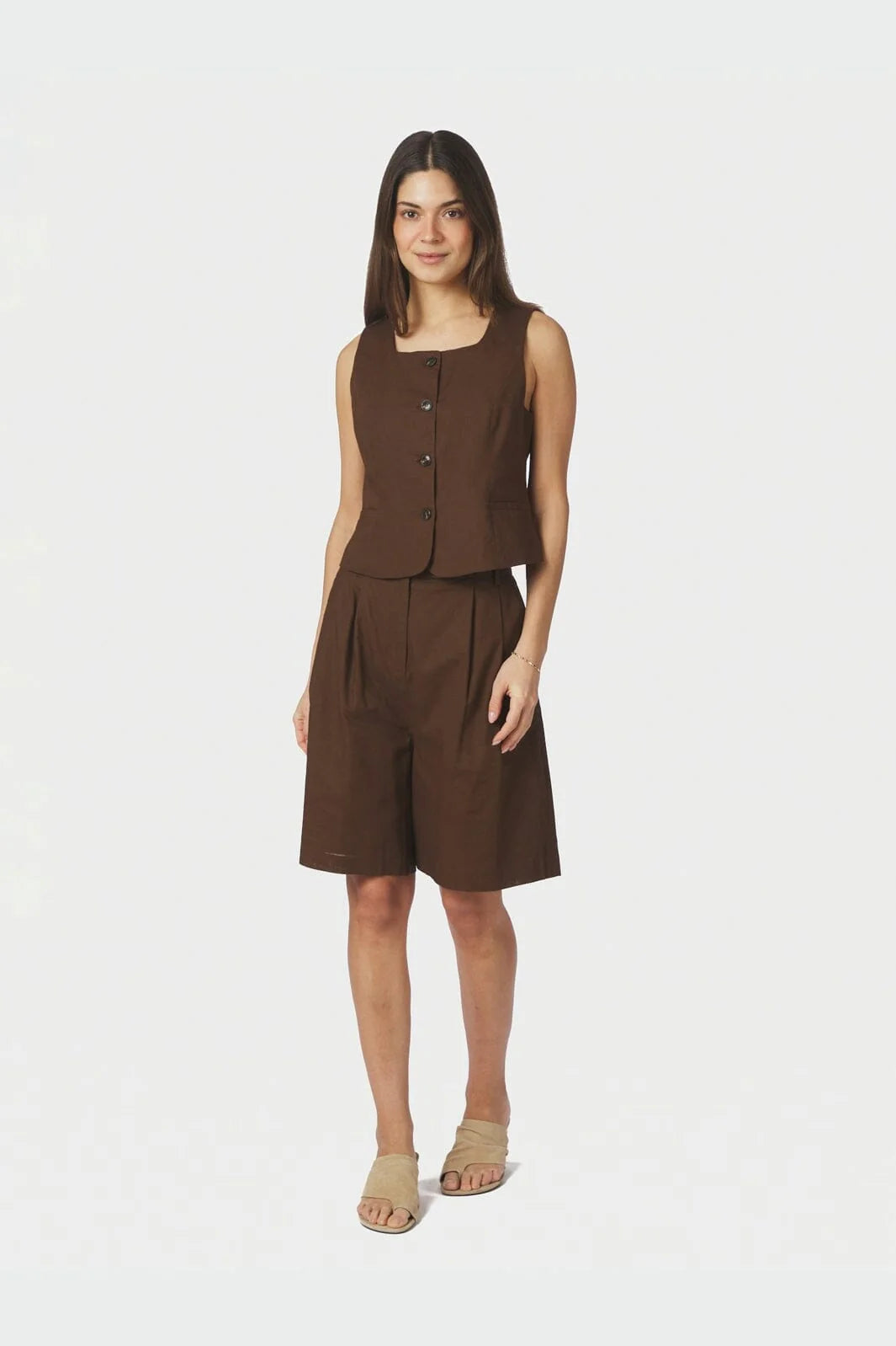 Neo Noir Yula Linen Waistcoat 165181 Dark Brown